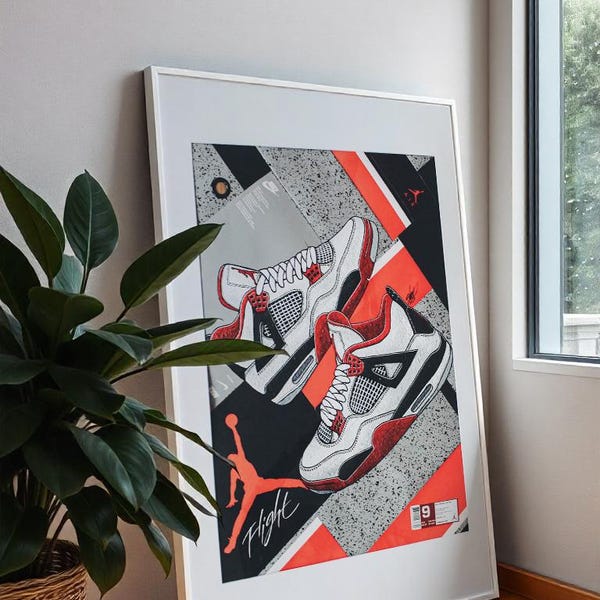 Original framed painting of the "Nike Air Jordan 4 Fire Red" w/label a on original Air Jordan 4 Fire Red shoe box from 2012 (50 x 70cm)