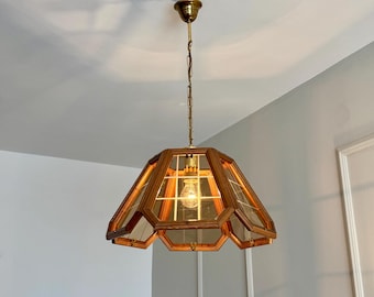 Lustre vintage de vidro âmbar e madeira, estilo Gino Paroldo, Europa dos anos 1970
