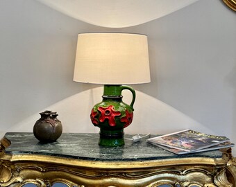 Vintage Kaiser Leuchten Red and Green Ceramic Table Lamp, Germany, 1970s / Home Decor / Vintage Table Lamp / West German Pottery / Red Lamp