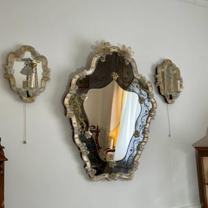 Venetian Murano Glass Mirror in set with 2 Sconces, Italy, 1940/50s / Venetian Mirror / Murano Mirror / Venetian Murano Sconces / Murano Art