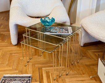 Vintage Hollywood Regency Gold Nesting Tables, Belgium 1970s, Set of 3