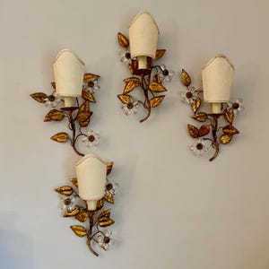 Set of 4 Hollywood Regency Wall Sconces, Italy 1950s / Banci Firenze / Appliques / Gilt Sconce / Crystal Sconces / Home Decor / Gold Sconces