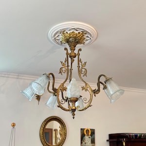 French Empire Style Gold Bronze Chandelier, late 19th Century, France / Gold Bronze Chandelier / Art Nouveau Chandelier / Empire Chandelier