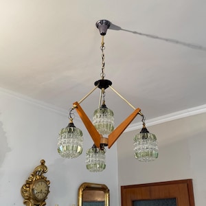 Scandinavian Style 4 Arms Chandelier with Brutalist Glass Shades, Yugoslavia 1970s / Danish Chandelier / Home Decor / Teakwood / Teak