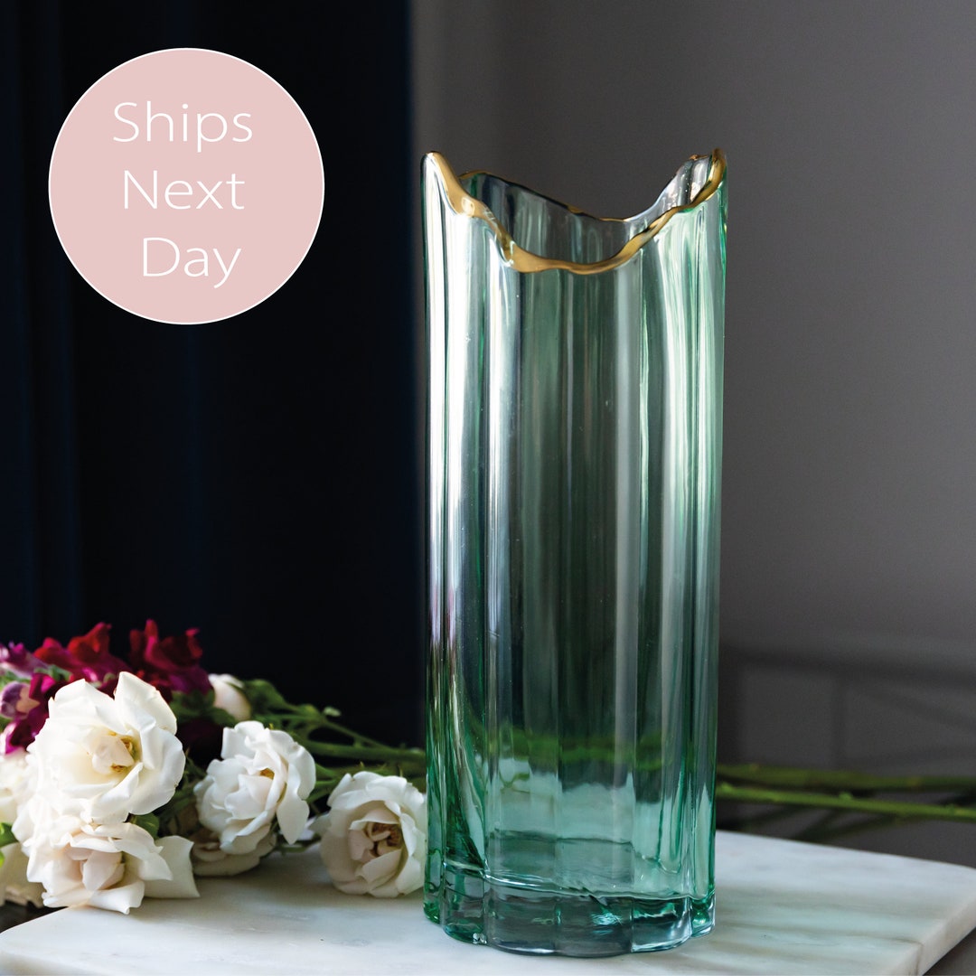 Gold Plated Vintage Green Glass Ripple Rounded Bottom Hand Blown Vase