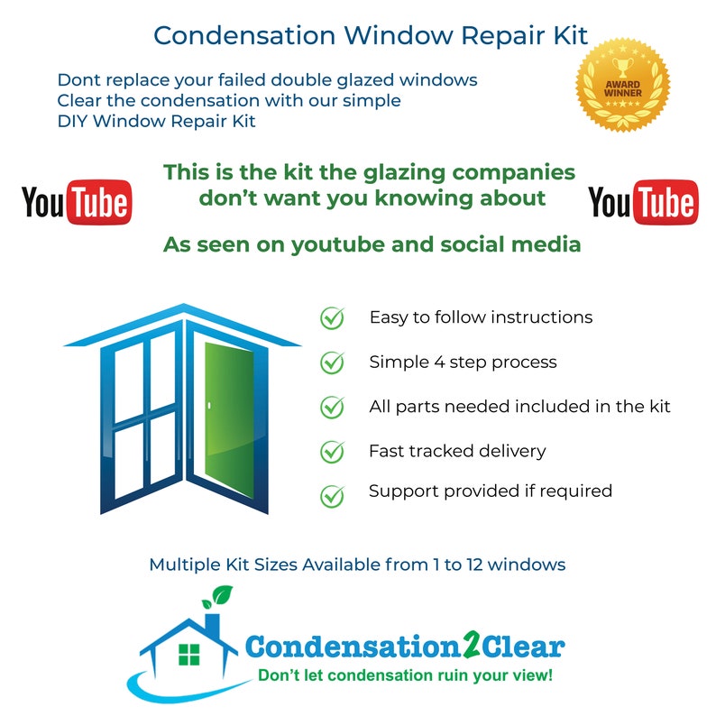 Window Repair Kit Clears condensation, mist and fog from failed blown double glazing windows 1-12 window kits sizes available image 2