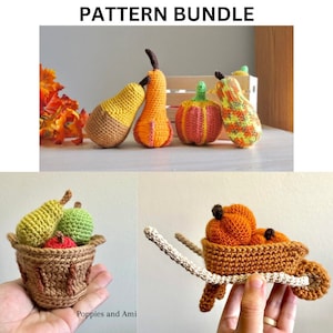 Crochet Pattern: Fall Harvest; Pumpkins, Wheelbarrow, Apples and Pears in a Basket Pattern Bundle