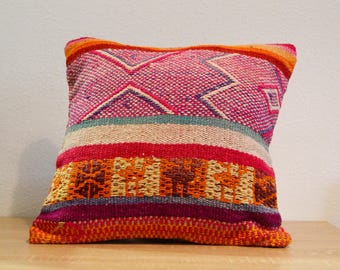 Handwoven Peruvian Pillow Cover: Colorful Boho Cushion Case, Ethnic Artisanal Home Decor