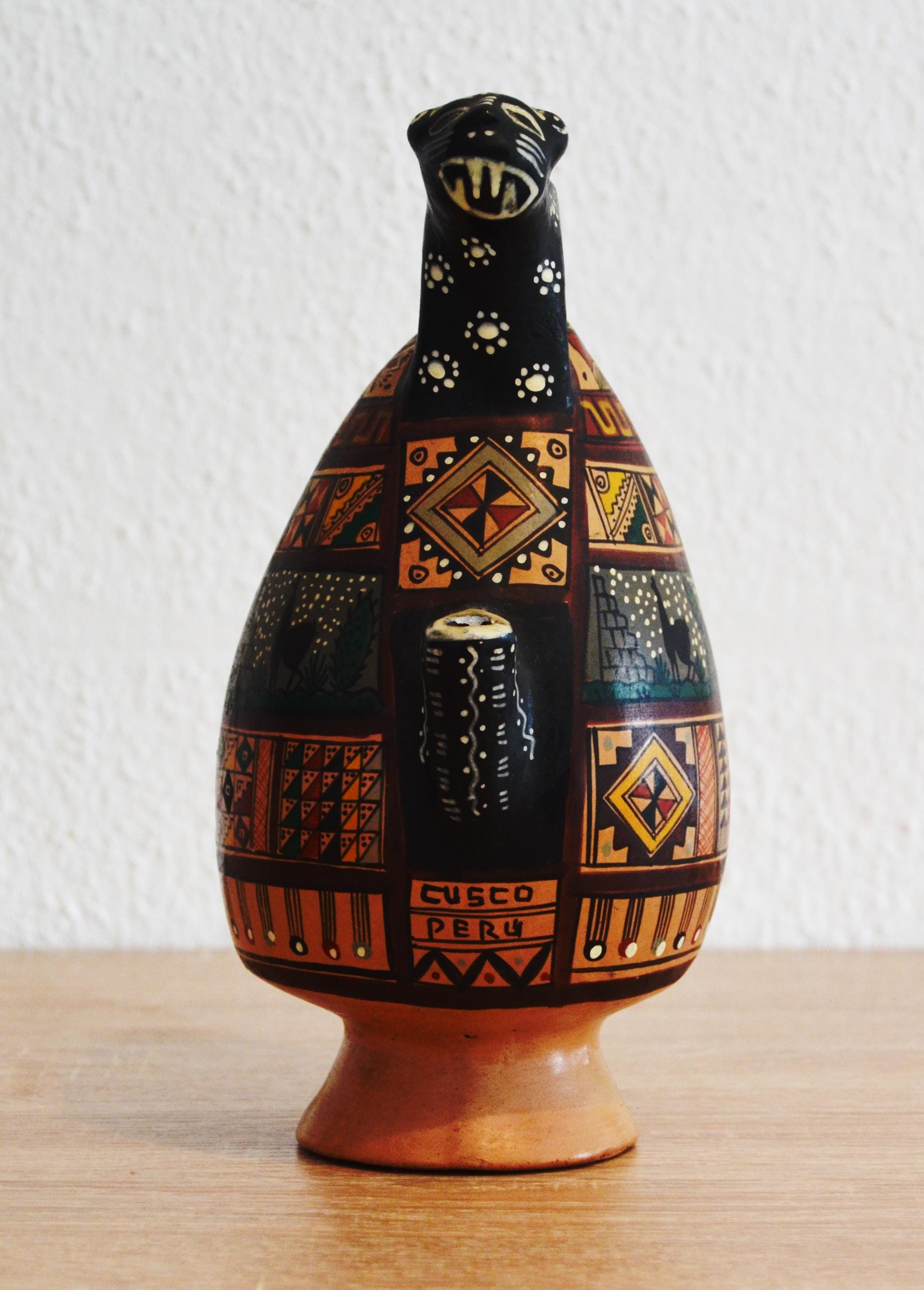 Peruvian Inca Terracotta Jug, Handpainted Pre-columbian Tribal Art