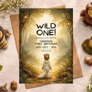 Puede incluir: Una invitación de cumpleaños con el texto "WILD ONE!" y detalles del evento. El diseño presenta a un niño con corona, rodeado de una escena de bosque. Los elementos decorativos incluyen peluches, bellotas y una cáscara de huevo.