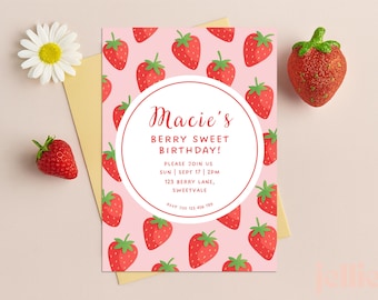 May include: A rectangular birthday invitation card with a light pink background featuring a repeating strawberry pattern. A central white circle contains the text: Macie's BERRY SWEET BIRTHDAY! PLEASE JOIN US SUN | SEPT 17 | 2PM 123 BERRY LANE, SWEETVALE RSVP 706 123 456 789.