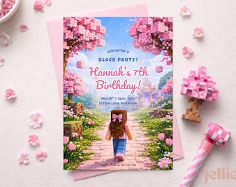 Pixel Block Birthday Invitation | Pink Cherry Blossom Gamer Party (5x7 Digital Download)
