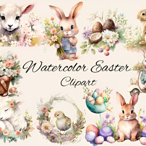 Watercolor Easter Clipart Bundle Spring Clipart Cute Easter Bunny PNG Happy Easter