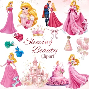 May include: A digital clipart set featuring Sleeping Beauty characters and elements. The set includes images of Sleeping Beauty, Prince Phillip, the three fairies, a castle, a crown, a cake, and more. The images are in a pink and gold colour scheme.