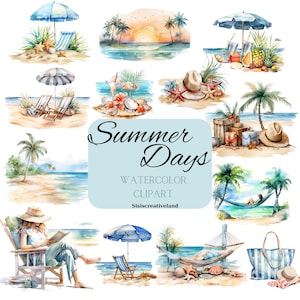 水彩夏のクリップアート、夏のイラスト、ビーチタイム PNG クリップアート、夏の PNG、旅行、貝殻、海、島のクリップアート