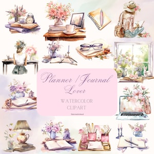 Watercolor Planner Lover Clipart, Journaling Clipart, Planner Clipart, Planner Girl PNG Bundle, Cozy Planning