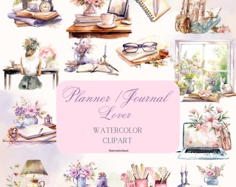 Watercolor Planner Lover Clipart, Journaling Clipart, Planner Clipart, Planner Girl PNG Bundle, Cozy Planning