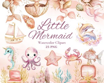 Watercolor Little Mermaid Clipart, Cute Mermaid Clipart, Under the sea Clipart, Mermaid PNG
