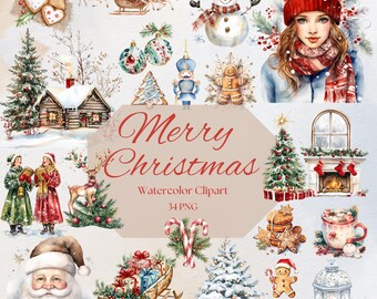 Lot de cliparts Noël aquarelle, vacances douillettes PNG (téléchargement numérique)