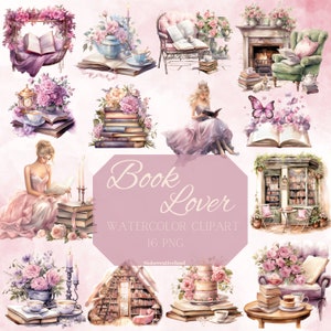 Book Lover Watercolor Clipart, Book Reading Clipart,Watercolor Bookworm Clipart, Book PNG, Bookworm Clipart