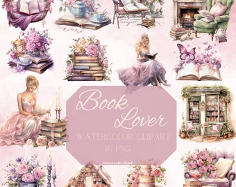 Book Lover Watercolor Clipart, Reading Bookworm PNG (Digital Download)
