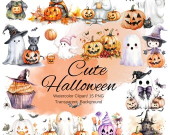 Cute Halloween Watercolor Clipart Bundle, Ghost Clipart, Pumpkin Clipart,Kids Halloween PNG, Halloween card, Spooky Clipart, Halloween PNG