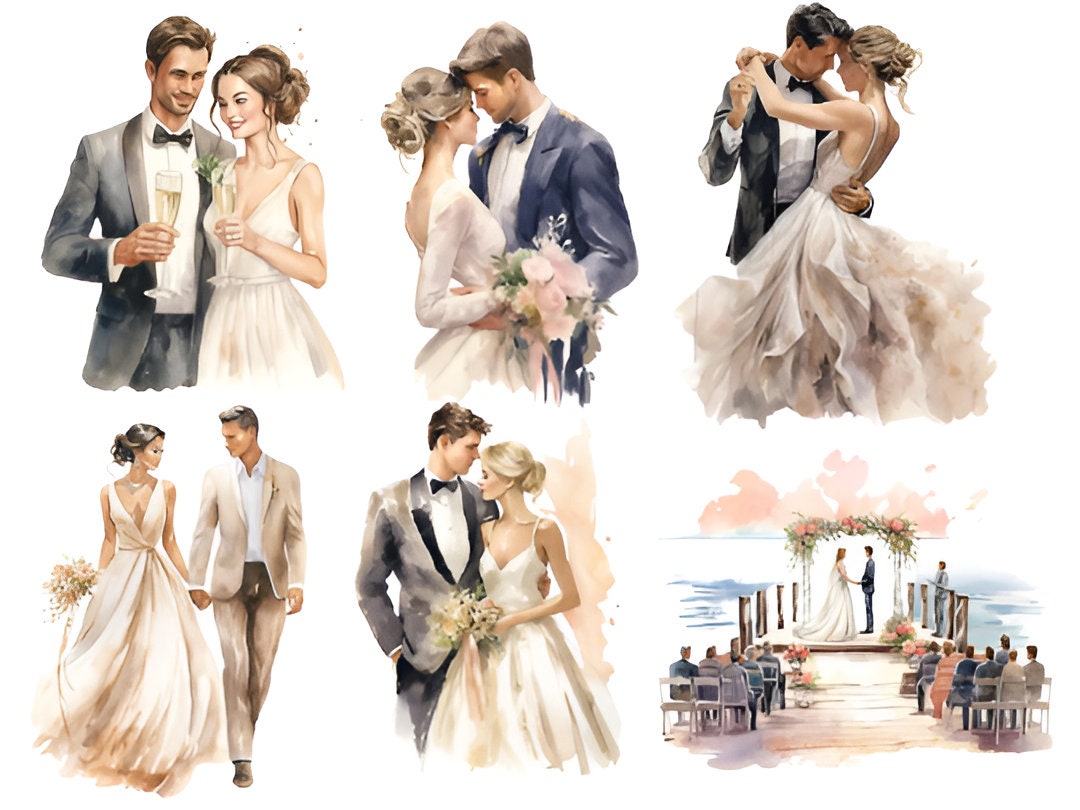 Watercolor Elegant Wedding Clipart Bundle Bride and Groom PNG Wedding ...