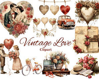May include: Vintage love clipart featuring a couple in a heart frame, a red heart balloon, a red car, a book with flowers, a bouquet of red roses, a bicycle with a basket, a vintage television, a bouquet of flowers in a pot, a book with a straw hat, and a heart-shaped frame with flowers.