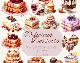 Watercolor Desserts Clipart, 24 PNG Sweets Illustrations (Digital Download)