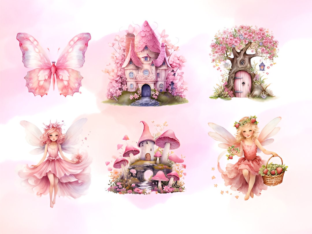 Watercolor Fairytale Clipart Bundle, Pink Fairy Garden PNG (digital ...
