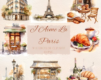 Watercolor Paris Clipart, Eiffel Tower, Croissant (Digital Download)