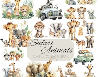 Watercolor Safari Animals Clipart, Jungle PNG (Digital Download)