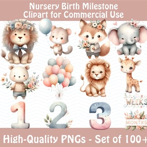 Nursery Birth Milestone Clipart Bundle PNG, Baby Monthly Milestone Clip Art, Conceptions d’annonce de naissance, Animaux avec ballons Décor de pépinière
