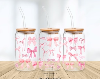 Coquette Bow 16 oz glazen beker sublimatieontwerp beker, mooie strikken sublimatieontwerp, glazen koffiekop, beker beker, beker, beker png PNGEgg