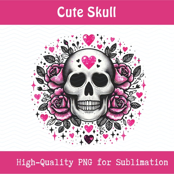 Gothic Skull and Roses Sublimation Clipart, Trendy Tattoo Style Art, Sugar Skull PNG, Valentine's Day Clip Art, Pink Hearts and Roses Design