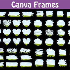 May include: A set of 36 Canva frames with different shapes and styles, including hearts, circles, squares, and rectangles. The frames are filled with a simple landscape design featuring a blue sky, white clouds, and green hills.