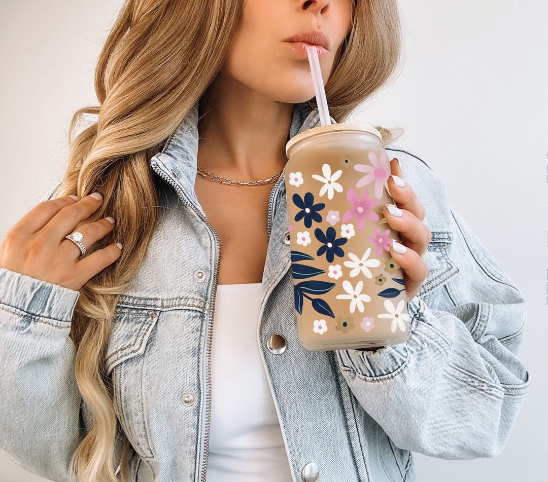 Floral 16oz Glass Can Tumbler Sublimation Design Coffee Drink ...