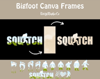 Puede incluir: Un diseño digital que presenta una silueta de Bigfoot con la palabra "SQUATCH" en letras verdes y blancas. El diseño está sobre un fondo negro e incluye una textura de papel marrón. El diseño está pensado para ser utilizado como un marco para una foto u otra imagen.