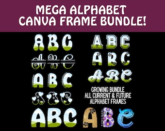 Cornici per tela Mega Bundle Modello per tela dell'alfabeto, lettere scarabocchiate vuote, modello modificabile Lettere disegnate a mano Varsity per il design a sublimazione