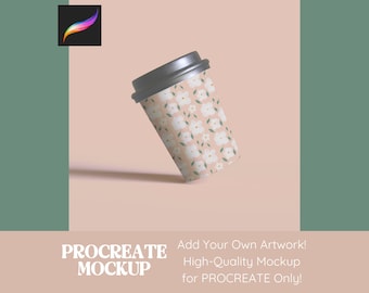 Peut inclure: Une maquette d'un gobelet à café à emporter avec un motif floral. Le gobelet est blanc avec un couvercle noir et présente un motif floral délicat dans des tons de rose et de vert. Le texte "PROCREATE MOCKUP" est visible en bas de l'image.