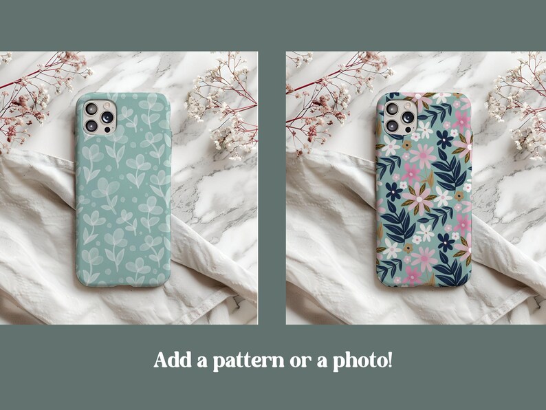May include: Two phone cases with different floral patterns. The case on the left has a light blue background with white floral designs. The case on the right has a light blue background with pink, white, and blue floral designs.