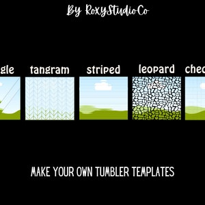 Pu&ograve; includere: Sono mostrati cinque diversi modelli di template per bicchieri. I modelli sono: triangolo, tangram, a righe, leopardo e a scacchi. Ogni modello &egrave; mostrato su un campo erboso verde con un cielo blu e nuvole bianche.