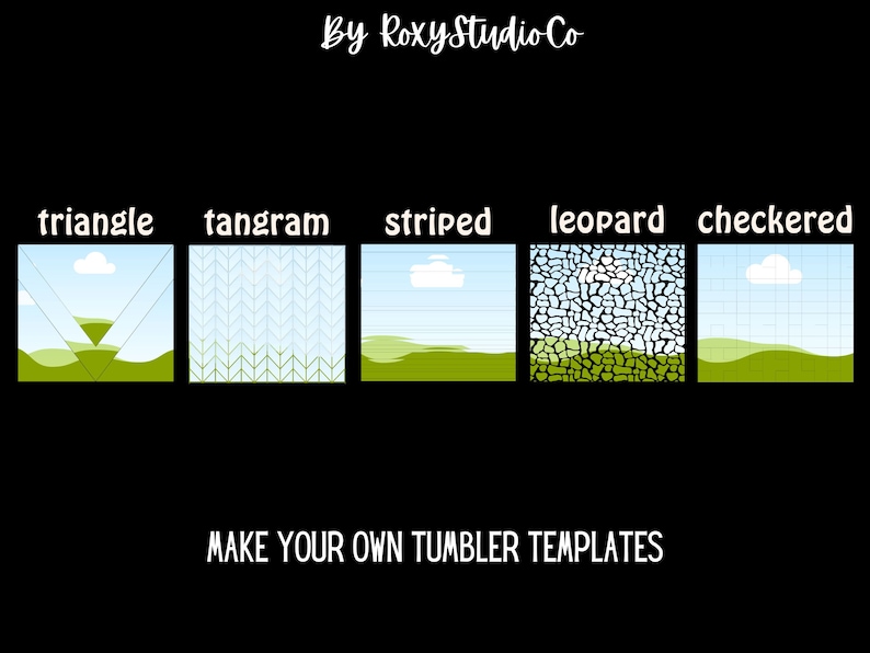 Pu&ograve; includere: Sono mostrati cinque diversi modelli di template per bicchieri. I modelli sono: triangolo, tangram, a righe, leopardo e a scacchi. Ogni modello &egrave; mostrato su un campo erboso verde con un cielo blu e nuvole bianche.