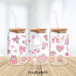 Coquette Bow 16oz Glass Can Tumbler Sublimation Design, Pretty Bows Sublimation Design, Coffee Glass Cup, Can Tumbler Teacher Back to School