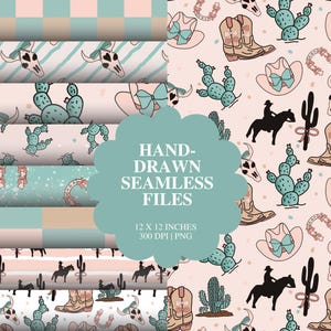 Carta digitale Western Cowgirl, modello senza cuciture per uso commerciale, carta per scrapbooking Western Americana Coastal Cowgirl, diario spazzatura, modelli carini