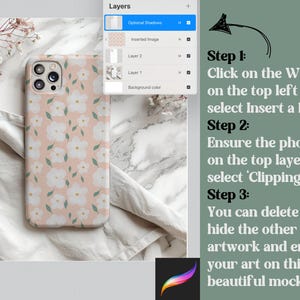 May include: A white phone case with a pink floral pattern. The case is shown on a white surface with a marble pattern. The image includes instructions on how to add a photo to the case using a photo editing app.