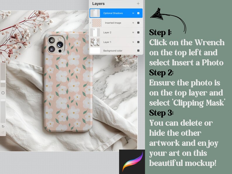May include: A white phone case with a pink floral pattern. The case is shown on a white surface with a marble pattern. The image includes instructions on how to add a photo to the case using a photo editing app.