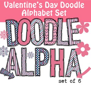 Valentine&#39;s Day Doodle Letters + Clip Art, Uppercase Alphabet Set, Pink Sublimation Letters, Doodle Alphabet PNG Commercial Use