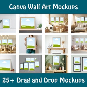 Maquetas de arte mural de Canva con función de arrastrar y soltar para uso comercial, maquetas de marcos de fotos, maquetas de marcos de pared para descargas digitales PNG