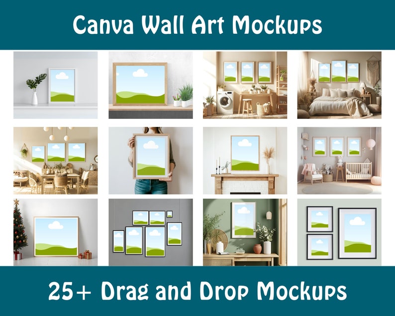 Puede incluir: Una colecci&oacute;n de m&aacute;s de 25 maquetas de arte de pared Canva de arrastrar y soltar, que presentan varias escenas de dise&ntilde;o de interiores con obras de arte enmarcadas. Las maquetas muestran diferentes tama&ntilde;os y estilos de marcos, incluidos marcos individuales, marcos m&uacute;ltiples y marcos con diferentes fondos.